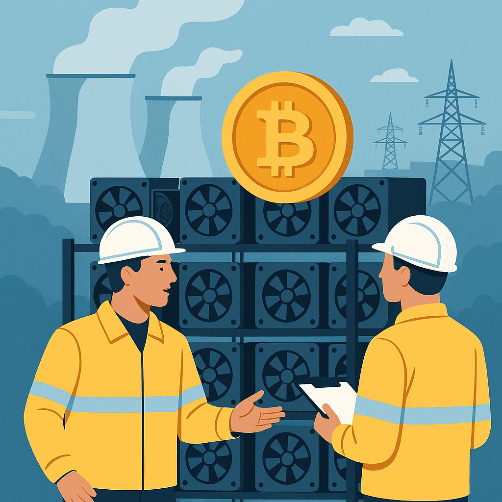 Bitcoinoví ťažiari hľadia na bez uhlíkovú energiu Ilustrácia dvoch technikov pri bitcoinových ťažobných zariadeniach s pozadím jadrovej elektrárne a vysokého napätia, symbolizujúca využívanie bezuhlíkovej jadrovej energie v ťažbe kryptomien.