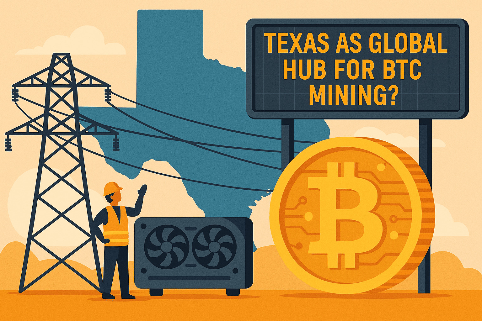 Štát Texas ako globálne centrum pre ťažbu BTC Ilustrácia znázorňuje štát Texas ako potenciálne globálne centrum pre ťažbu Bitcoinu, s elektrickým stĺpom, pracovníkom pri ťažobnom zariadení a veľkou bitcoinovou mincou na pozadí mapy Texasu a reklamnej tabule.