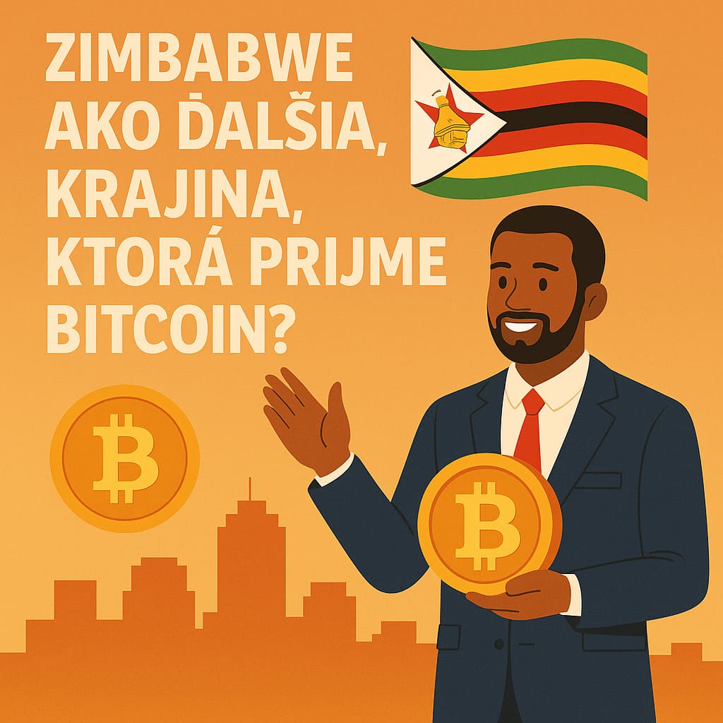 Zimbabwe ako ďalšia krajina ktorá prijme Bitcoin Ilustrácia muža v obleku s bitcoinovou mincou v ruke pred siluetou mesta Harare a vlajkou Zimbabwe, s otázkou v slovenčine o prijatí Bitcoinu ako zákonného platidla.