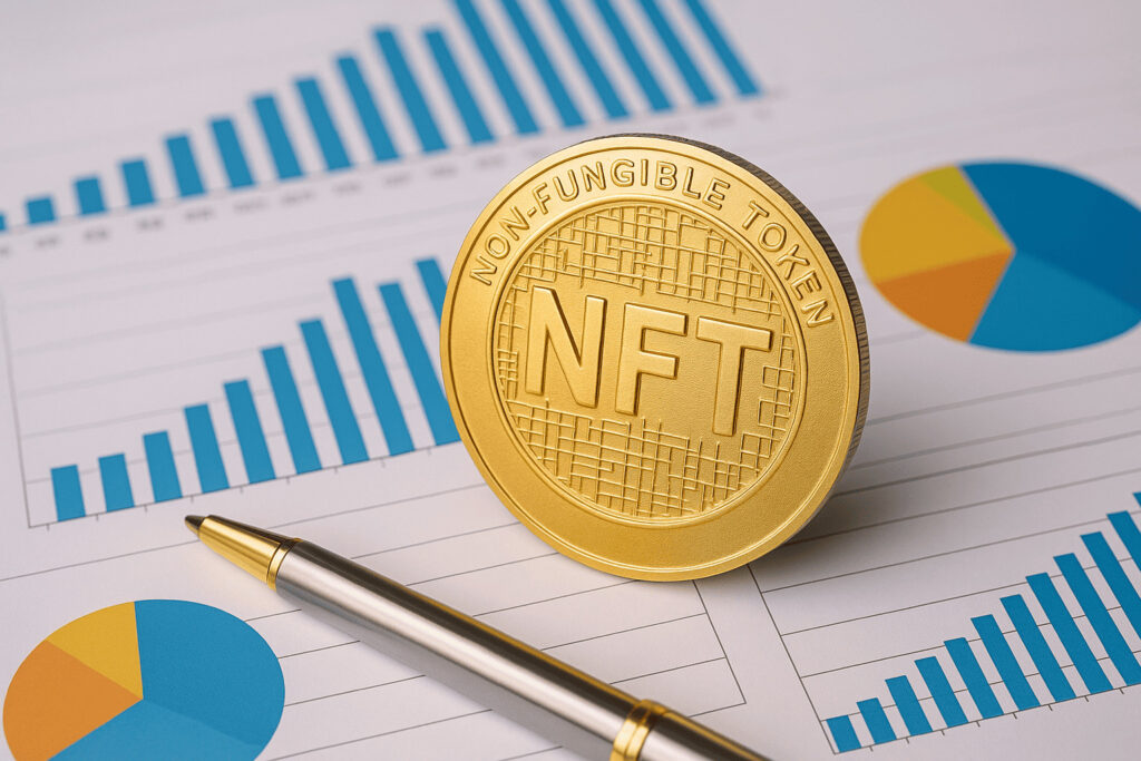Zlatá minca s nápisom „NFT“ umiestnená na papieroch s finančnými grafmi a farebnými koláčovými a stĺpcovými diagramami, symbolizujúc investičný fond Bitwise zameraný na NFT.