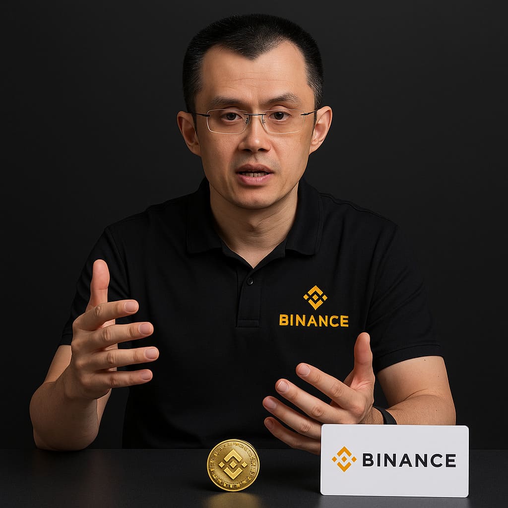 CEO Binance odhalil čo je kľúčové pri zalistovaný tokenov Generálny riaditeľ Binance Changpeng Zhao sedí pri stole v čiernej košeli s logom Binance, gestikuluje rukami vedľa zlatej mince a tabuľky s logom burzy, symbolizujúc jeho vyjadrenia o kótovaní kryptomien.