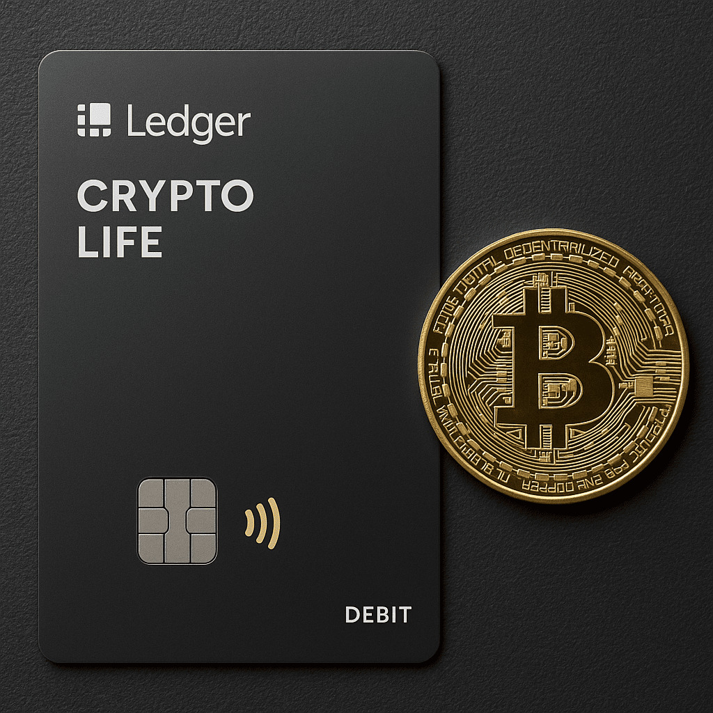 Poskytovateľ peňaženky Ledger uvádza na trh krypto debetnú kartu Čierna debetná karta Ledger Crypto Life vedľa zlatej bitcoinovej mince na tmavom textúrovanom povrchu, znázorňujúca prepojenie fyzických platieb s digitálnymi aktívami.