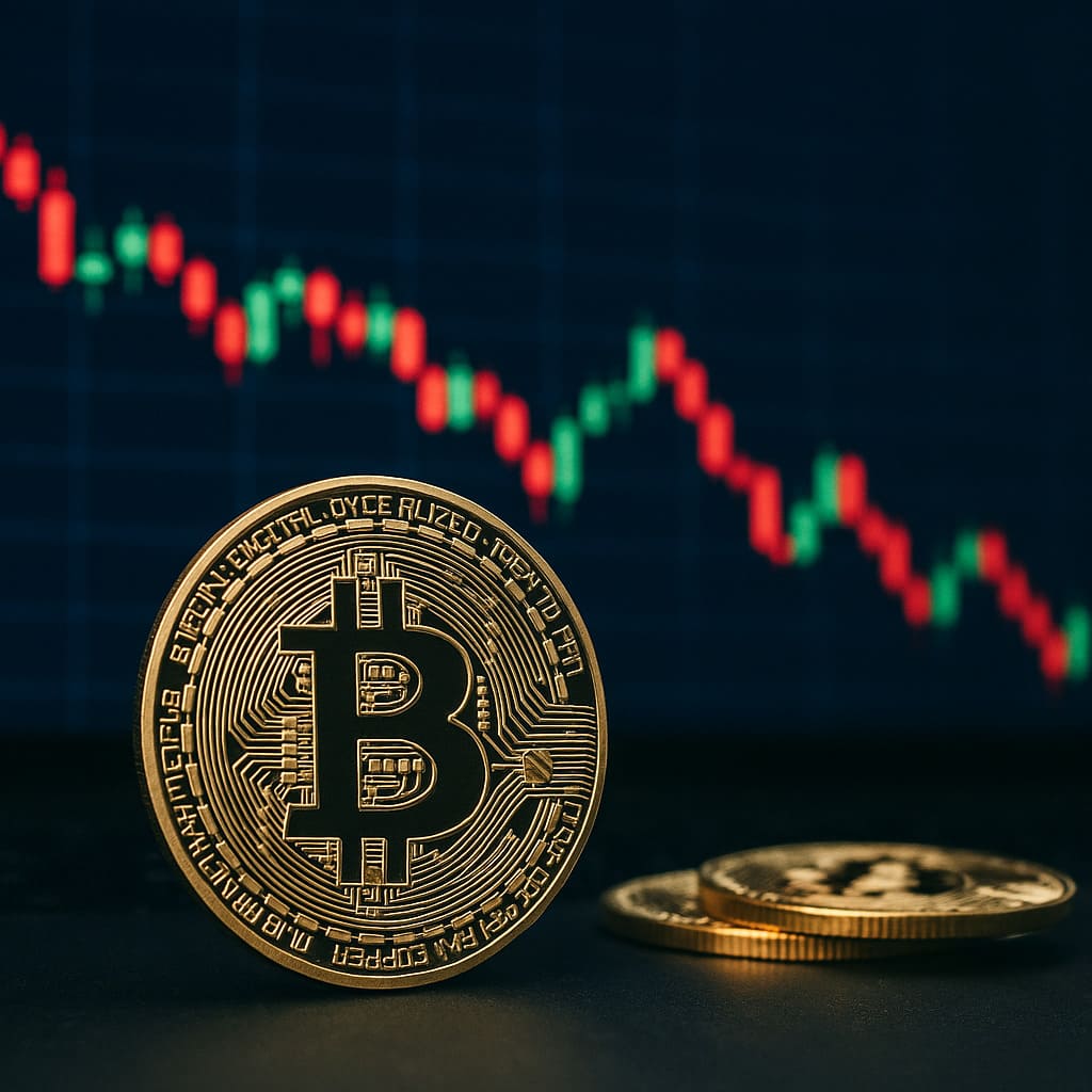 Ruská centrálna banka zakáže podielovým fondom investovať do BTC Zlatá bitcoinová minca v popredí s burzovým grafom v pozadí znázorňujúcim volatilitu trhu, symbolizujúc zákaz investovania ruských fondov do kryptomien.
