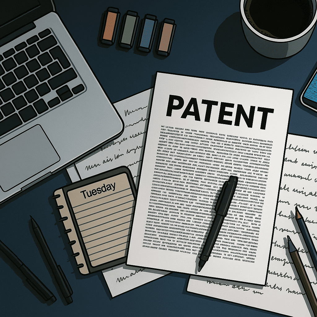 Disney patentuje technológiu pre Metavers Ilustrácia pracovného stola s dokumentom označeným ako „PATENT“, obklopeného notebookom, mobilným telefónom, poznámkami, kávou, perami a plánovačom v usporiadanom, modernom štýle zhora.