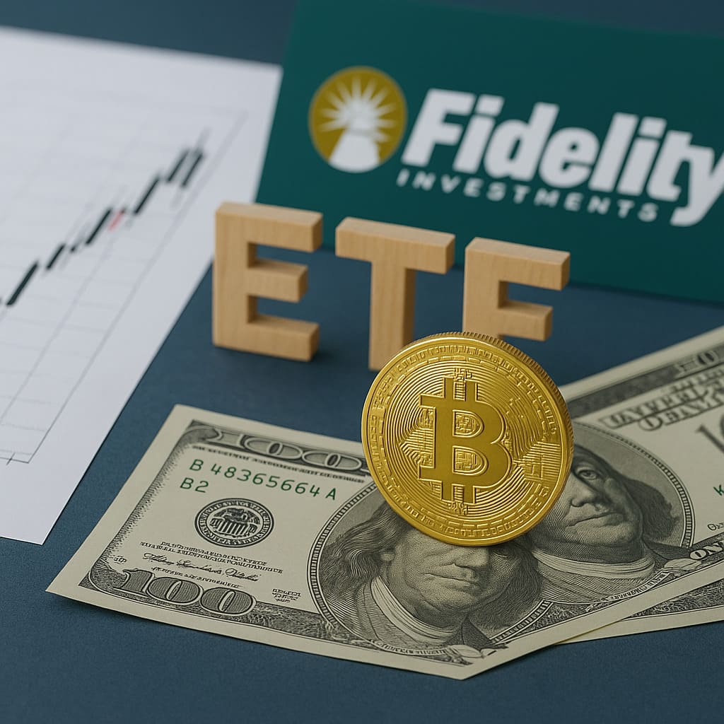 Fidelity žiada o schválenie ďalších dvoch kryptometaverzných ETF Zlatá bitcoinová minca položená na stodolárovej bankovke, vedľa drevených písmen ETF, grafu a loga spoločnosti Fidelity – symbolizujúce spojenie kryptomien a investičných fondov.