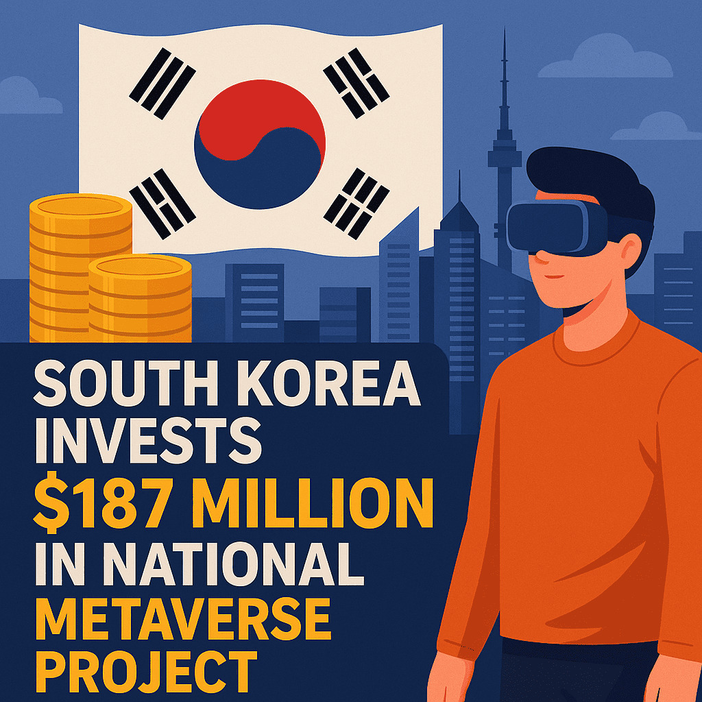 Južná Kórea investuje 187 miliónov dolárov do národného projektu Metaverse Ilustrácia zobrazujúca juhokórejskú vlajku, postavu s VR okuliarmi, mincami a mestskou panorámou – symbolizuje investíciu 187 miliónov dolárov do národného projektu Metaverse.