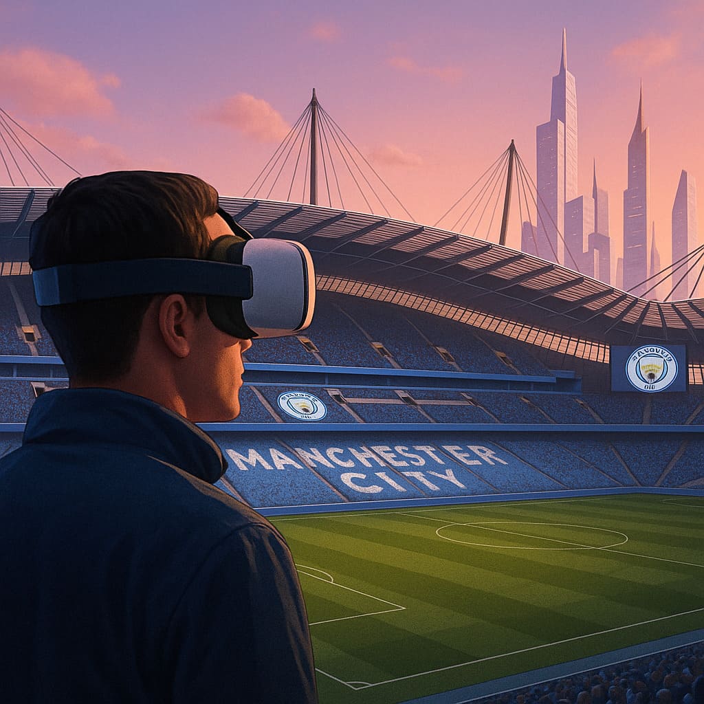 Manchester City postaví svoj futbalový štadión v metaverse Muž s VR okuliarmi sleduje virtuálny štadión Manchester City v metaverse, zatiaľ čo v pozadí svieti futuristické mesto pri západe slnka.
