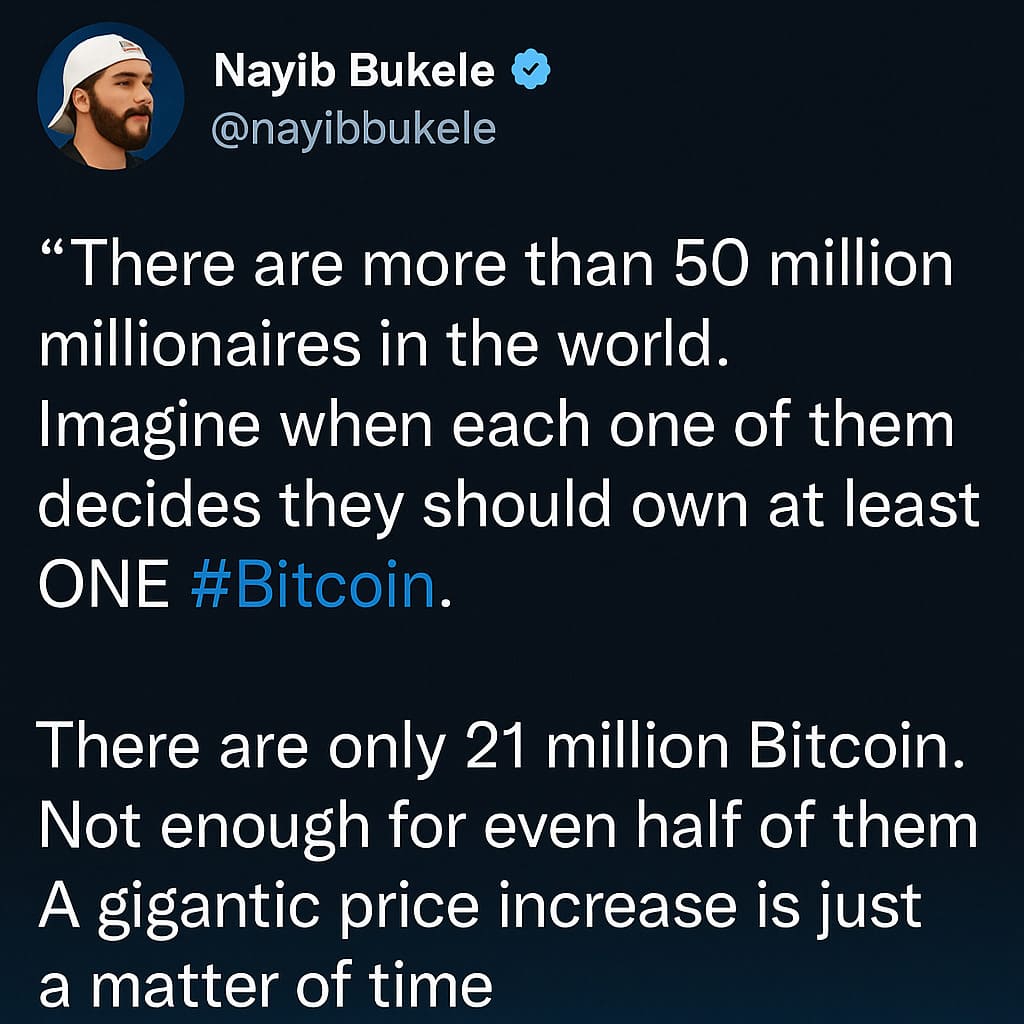 Prezident El Salvádoru predpokladá explozívny rast bitcoinu Vizualizácia tweetu prezidenta El Salvadora Nayiba Bukeleho o nedostatku Bitcoinu a jeho očakávanom náraste ceny, doplnená jeho ilustrovaným portrétom na tmavomodrom pozadí.