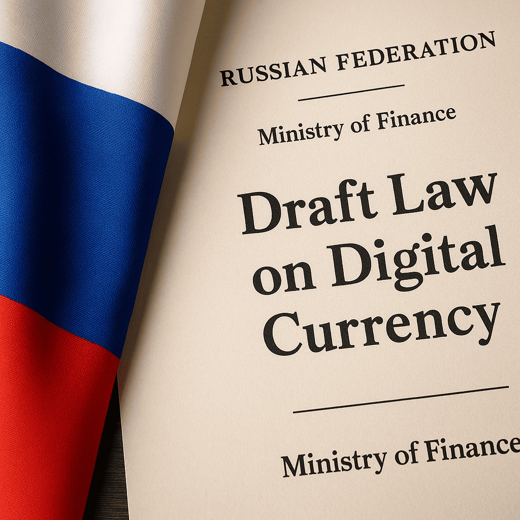 Ruské ministerstvo financií predstavilo návrh zákona o digitálnej mene Ruská vlajka prehodená cez dokument s nápisom „Návrh zákona o digitálnej mene“ od Ministerstva financií Ruskej federácie.
