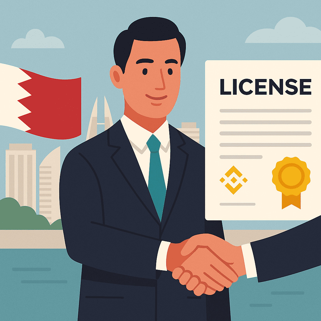 Digitálna ilustrácia v plochom štýle zobrazuje muža v obleku podávajúceho si ruku s inou osobou, pričom drží certifikát s nápisom "LICENSE", logom Binance a zlatou pečaťou. V pozadí je vlajka Bahrajnu a silueta mesta.