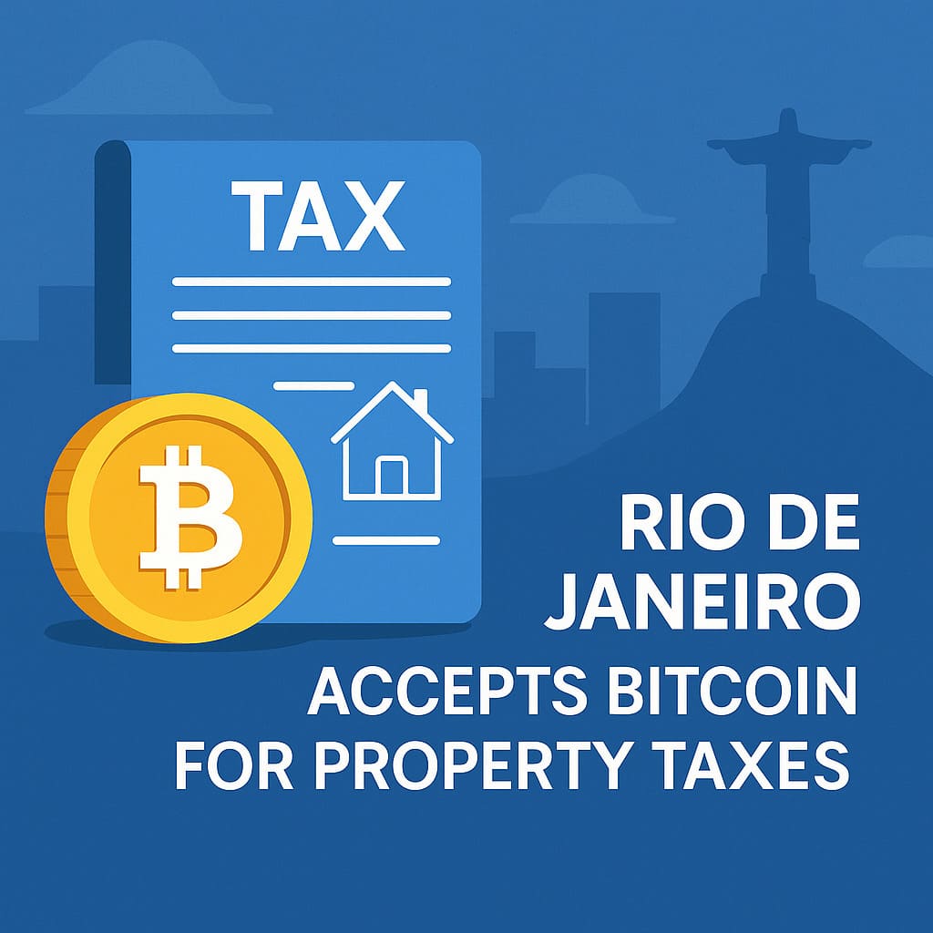 Ilustrácia v plochom (flat) štýle zobrazuje zlatý Bitcoin symbolizujúci digitálnu menu, ktorý sa vznáša nad panorámou mesta Rio de Janeiro, vrátane známej Sochy Krista, čím vizuálne vyjadruje prijatie Bitcoinu na platenie daní z nehnuteľností v meste.