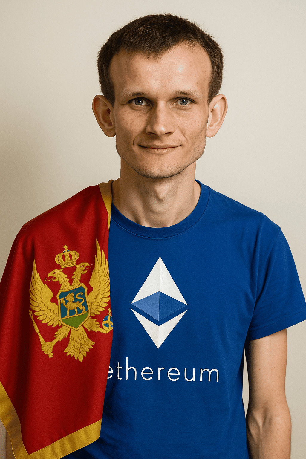 Portrét Vitalika Buterina, spoluzakladateľa Etherea, v modrom tričku s logom Ethereum a prehodenou čiernohorskou vlajkou cez plece, na neutrálnom pozadí.