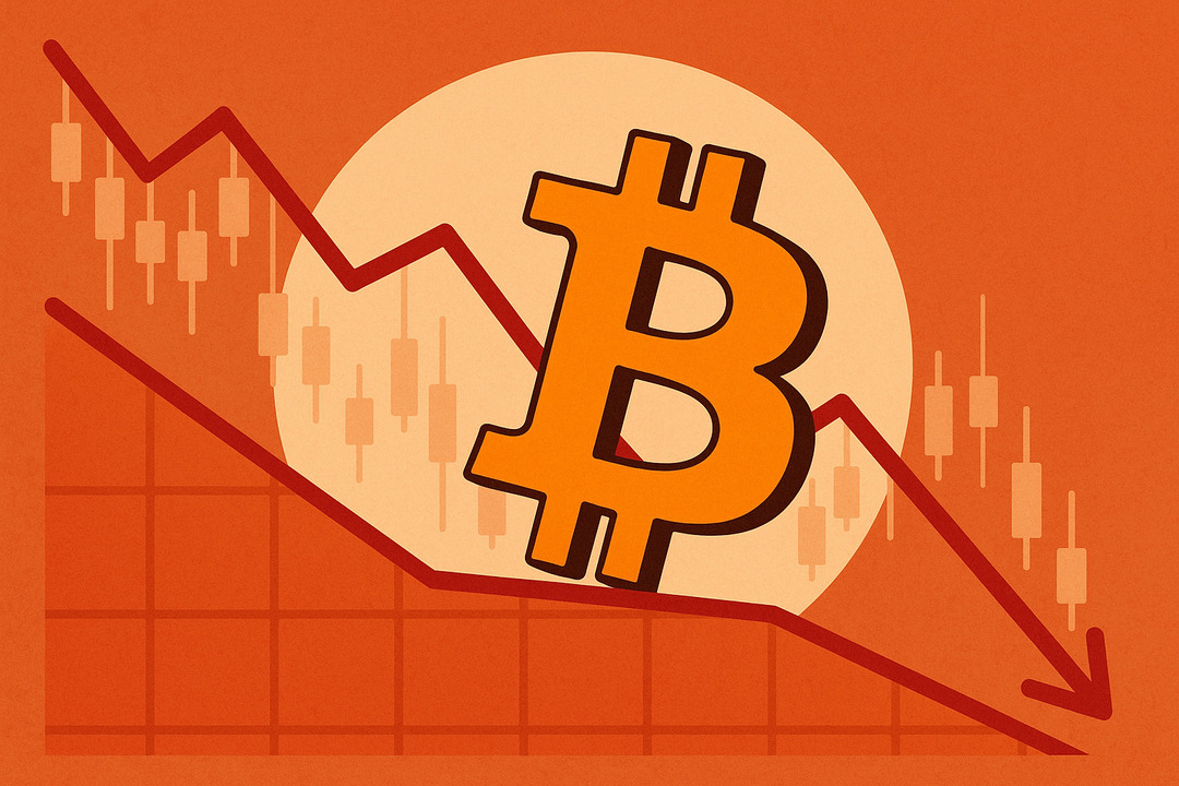 Ilustrácia poklesu ceny Bitcoinu znázornená ako klesajúci graf s veľkým oranžovým symbolom Bitcoinu na pozadí sviečkového grafu