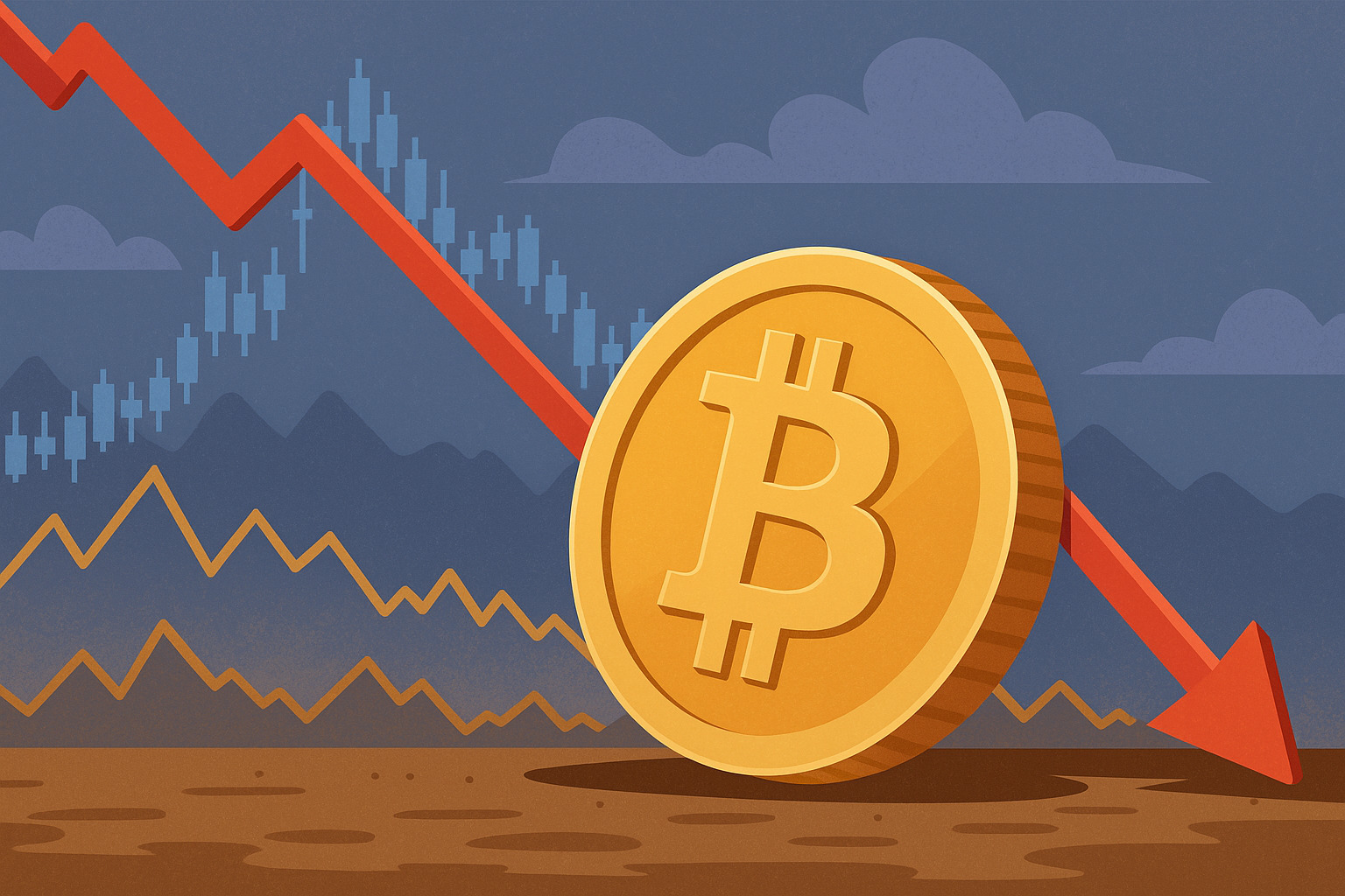 Estetická plochá ilustrácia znázorňujúca Bitcoin v klesajúcom trende na pozadí s grafickými prvkami trhového poklesu