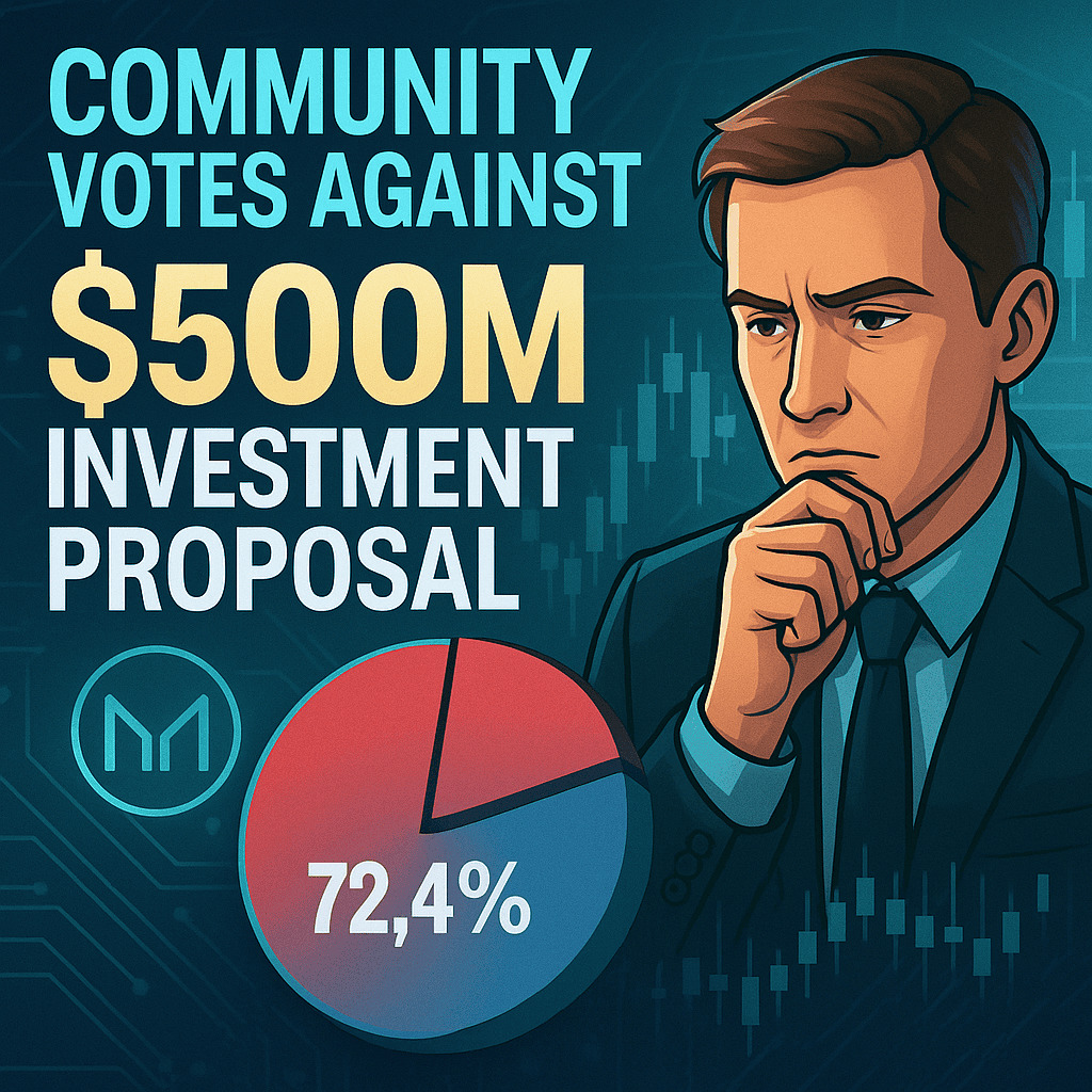 Digitálna ilustrácia znázorňuje zamietnutie investičného návrhu v hodnote 500 miliónov dolárov komunitou, s výrazným nápisom „COMMUNITY VOTES AGAINST $500M INVESTMENT PROPOSAL“, grafom s podielom 72,4 % proti a mužom zamyslene sledujúcim situáciu v technologickom pozadí.