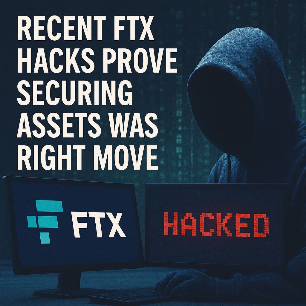 Nedávne hackerské útoky FTX dokazujú, že bolo správne zabezpečiť svoje aktíva Digitálna ilustrácia znázorňuje postavu hackera pri dvoch monitoroch – na jednom je logo FTX, na druhom červený nápis „HACKED“ – s titulkom oznamujúcim, že nedávne hackerské útoky potvrdzujú správnosť rozhodnutia Bahamskej komisie zabezpečiť aktíva FTX.