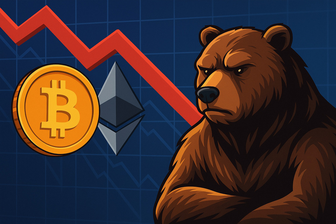 Prečo je dnes trh s kryptomenami v mínuse Ilustrácia medvedieho trhu s Bitcoinom a Ethereom, červenou klesajúcou šípkou a medveďom na pozadí