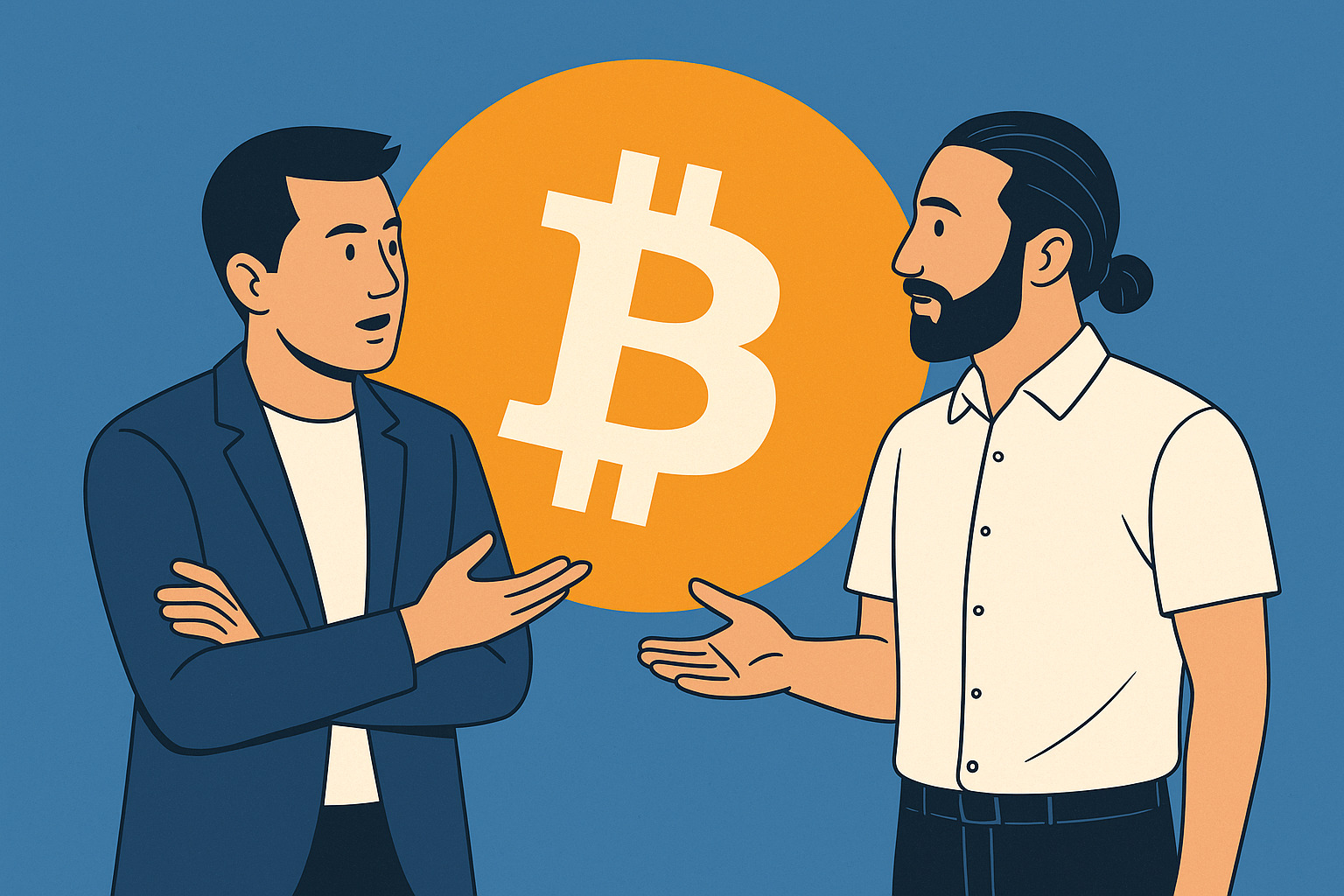 Salvádorský prezident Bukele hovorí, že Bitcoin je opakom FTX Ilustrovaní muži diskutujú pred symbolom Bitcoinu na modrom pozadí