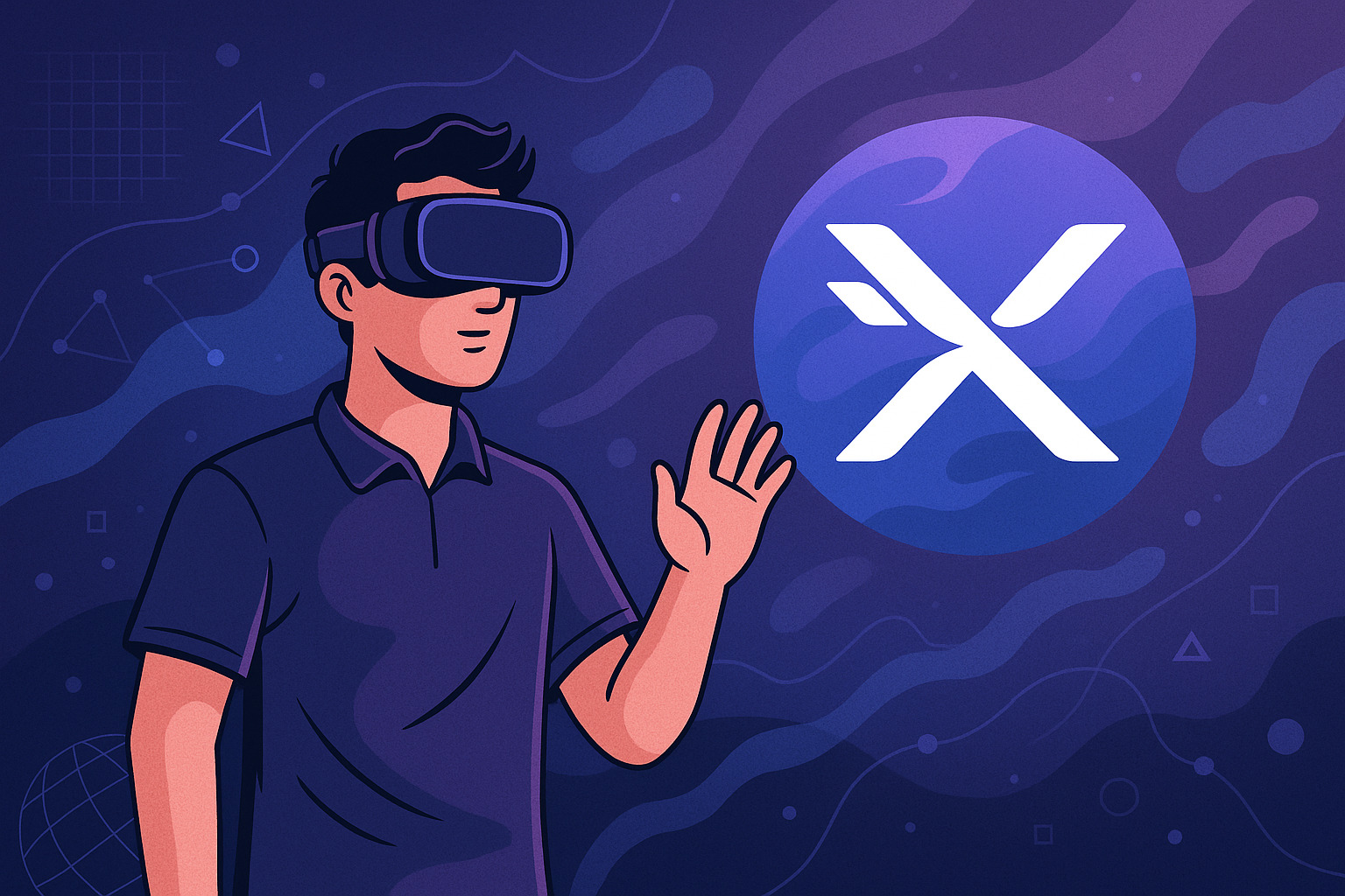 Spoločnosť Elrond presúva svoju pozornosť na metaverse Ilustrovaný muž s VR okuliarmi v digitálnom prostredí s logom MultiversX