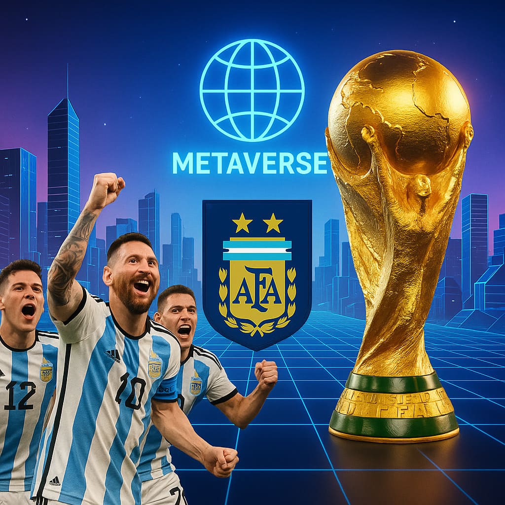 Digitálne vytvorený obrázok zobrazuje oslavu argentínskeho futbalového tímu s Lionelom Messim po víťazstve na majstrovstvách sveta, spolu s trofejou a symbolmi metaverza na futuristickom pozadí.