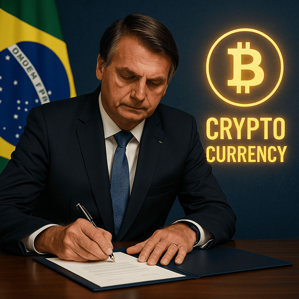 Brazílsky prezident Jair Bolsonaro podpisuje zákon o regulácii kryptomien, vedľa neho svieti symbol Bitcoinu a nápis "CRYPTOCURRENCY", v pozadí je brazílska vlajka.