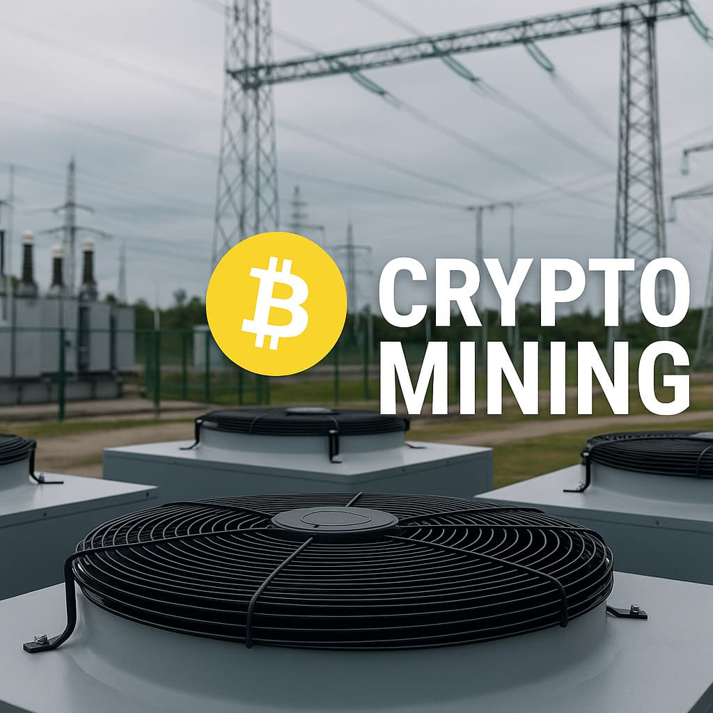Britská Kolumbia zastaví nové elektrické pripojenia pre kryptografických ťažiarov Chladiace jednotky pred elektrickým rozvodným zariadením s nápisom "Crypto Mining" a symbolom Bitcoinu, znázorňujúce ťažbu kryptomien a jej spotrebu elektrickej energie.