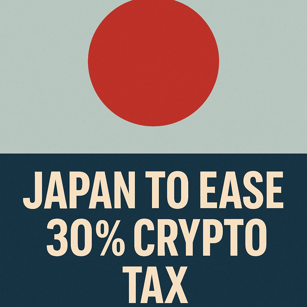 Ilustrovaný grafický obrázok zobrazujúci oznámenie o znížení 30 % kryptomenovej dane v Japonsku, s veľkým červeným kruhom symbolizujúcim japonskú vlajku a nápisom „Japan to ease 30% crypto tax“.