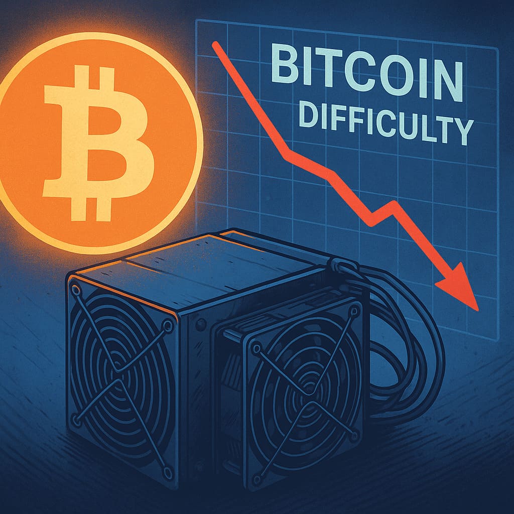 Digitálna ilustrácia zobrazuje ťažobné zariadenie na Bitcoin, vedľa ktorého je oranžové logo Bitcoinu a graf s klesajúcou červenou čiarou, znázorňujúcou pokles náročnosti ťažby.