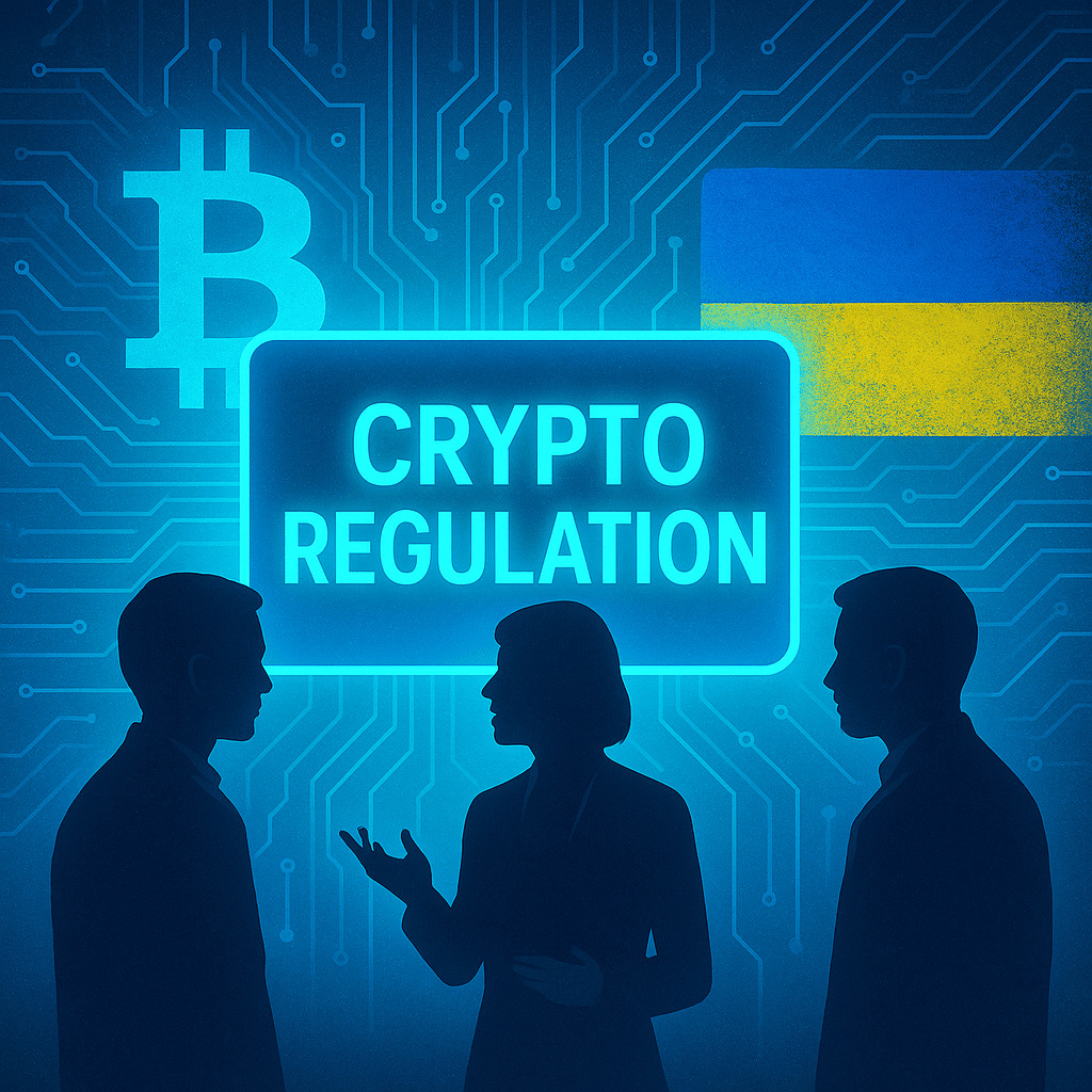 Digitálna ilustrácia zobrazuje reguláciu kryptomien, s nápisom "CRYPTO REGULATION" žiariacim na modrom pozadí, s Bitcoin symbolom, ukrajinskou vlajkou a tromi siluetami diskutujúcich ľudí v technologickom prostredí.