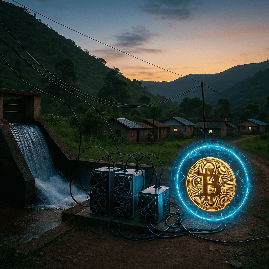 Projekt ťažby bitcoinov v Keni pomáha dodávať energiu vidieckej komunite Digitálna fotografia zobrazuje ťažbu Bitcoinu napájanú vodnou elektrárňou v kenskom vidieku, s výhľadom na dedinu v údolí pri západe slnka, kde je viditeľné pripojenie baníckych zariadení k vodnej energii.