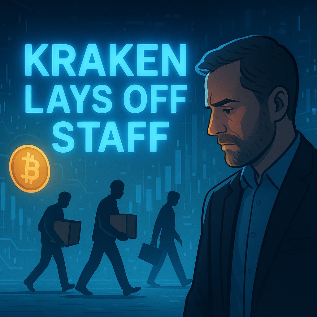 Digitálna ilustrácia zobrazuje zamračeného muža v obleku na pozadí s textom „Kraken prepúšťa zamestnancov“ a tromi siluetami ľudí odchádzajúcich s krabicami; vľavo svieti symbol Bitcoinu a v pozadí sú digitálne grafy a vzory.