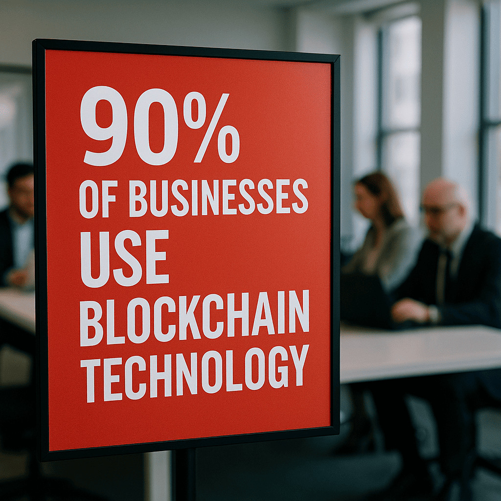 90% Červená informačná tabuľa s bielym textom "90 % firiem využíva technológiu blockchain" v modernej kancelárii s rozostrenými ľuďmi pracujúcimi v pozadí.