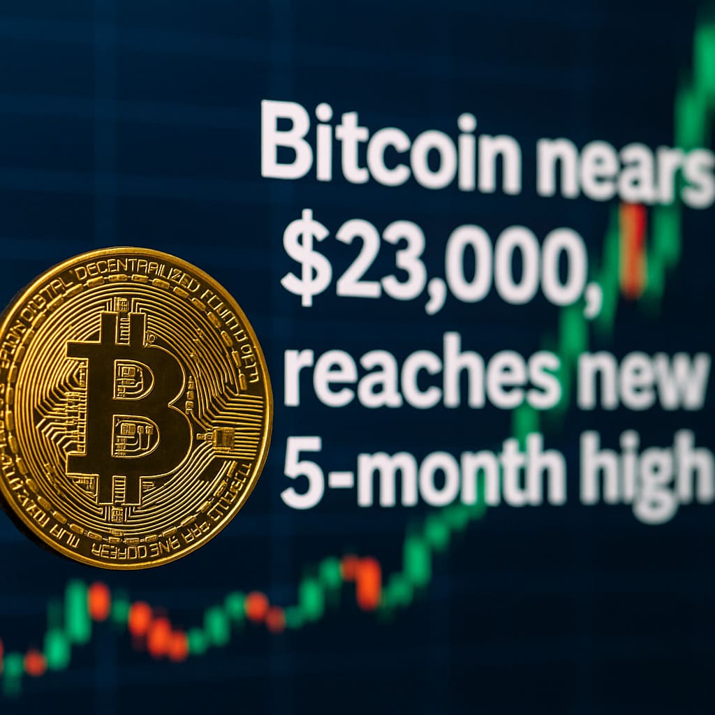 Cena Bitcoinu sa blíži k 23 000 USD a dosahuje nové 5-mesačné maximum Zlatá minca Bitcoin v popredí s rozmazaným grafom sviečok v pozadí a bielym nápisom „Bitcoin sa blíži k 23 000 USD, dosahuje nové 5-mesačné maximum