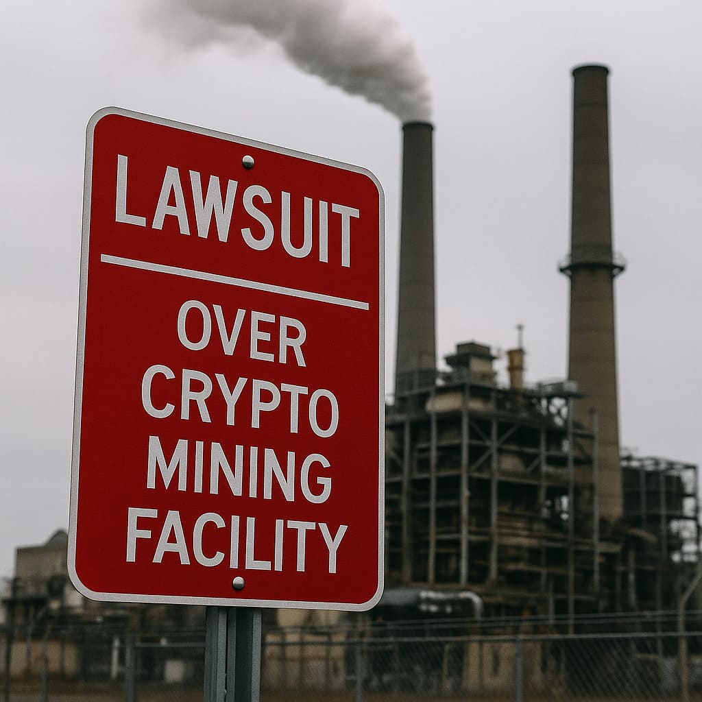 Environmentálna skupina zažalovala New York po tom, čo schválila zariadenie určené na ťažbu kryptomien Červená výstražná tabuľa s nápisom "Lawsuit Over Crypto Mining Facility" pred elektrárňou s komínmi vypúšťajúcimi dym, symbolizujúca environmentálny konflikt súvisiaci s ťažbou kryptomien.