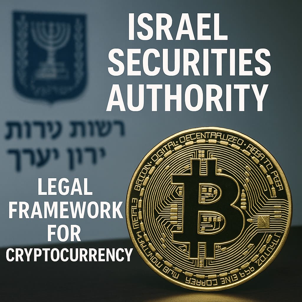 Záber na zlatú mincu Bitcoin s nápisom "ISRAEL SECURITIES AUTHORITY" v pozadí, symbolizujúci návrh právneho rámca pre kryptomeny v Izraeli.