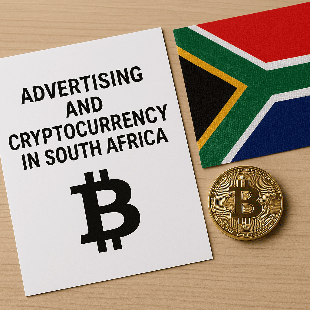 Južná Afrika pridáva do reklamného zákona štandardy týkajúce sa kryptomien Zákon o reklame a kryptomenách v Južnej Afrike – dokument s bitcoinovým symbolom a vlajkou Južnej Afriky na stole