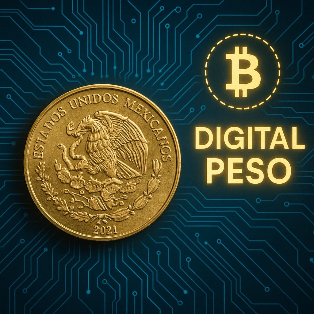 Odklad zavedenia mexickej digitálnej meny peso Mexická minca peso zobrazená na digitálnom modrom pozadí s textom „DIGITAL PESO“ a symbolom Bitcoinu, predstavujúcim koncept digitálnej meny.