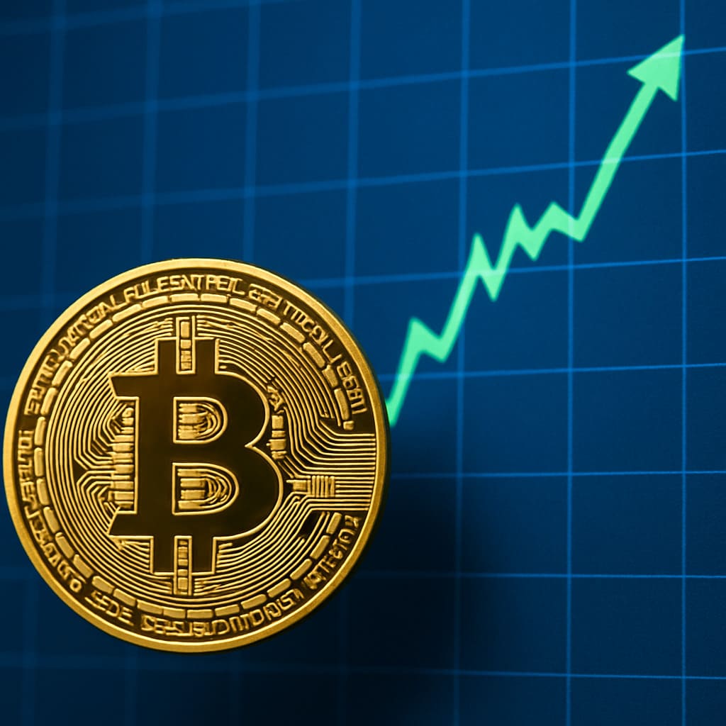 Prečo cena Btc včera vzrásla Záber na zlatú mincu Bitcoinu s rastúcim zeleným grafom na modrom pozadí, znázorňujúcim nárast ceny.