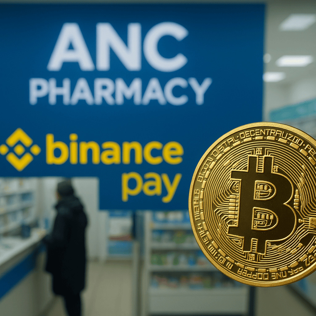 Digitálna kompozitná fotografia zobrazuje lekáreň ANC Pharmacy na Ukrajine s logom Binance Pay a mincou Bitcoinu, symbolizujúc prijímanie kryptoplatieb.