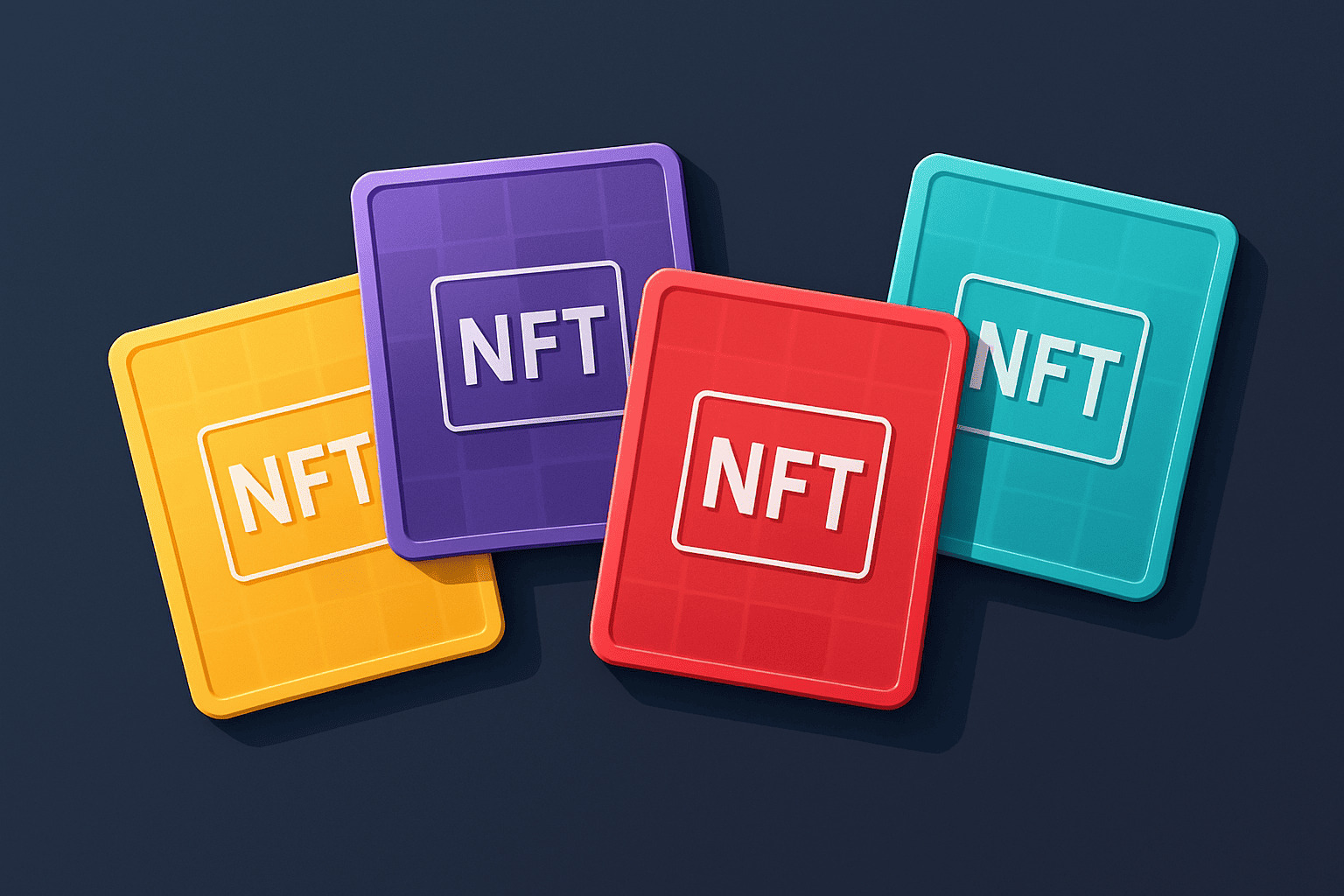 nft Štyri digitálne NFT kartičky v rôznych farbách (žltá, fialová, červená a tyrkysová) zoradené vedľa seba na tmavomodrom pozadí ako ilustrácia prudkého rastu predaja NFT v roku 2022.