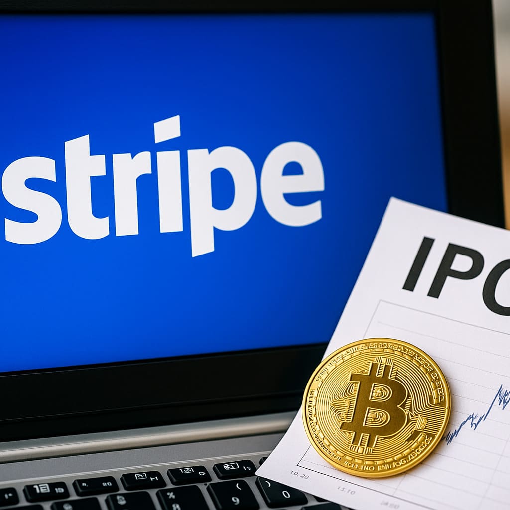 stripe Detailný záber na obrazovku s grafmi a nápisom „Stripe IPO“ v modernom kancelárskom prostredí, symbolizujúci technologickú firmu pripravujúcu sa na vstup na burzu.