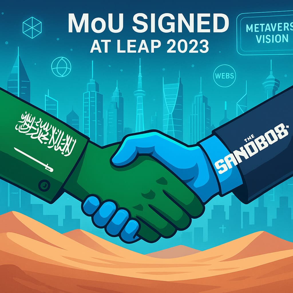 Saudská Arábia spolupracuje so spoločnosťou o plánoch v oblasti metavers Saudská Arábia a The Sandbox podpisujú memorandum o porozumení na vývoj metaverse, znázornené futuristickým prostredím a podaním rúk.