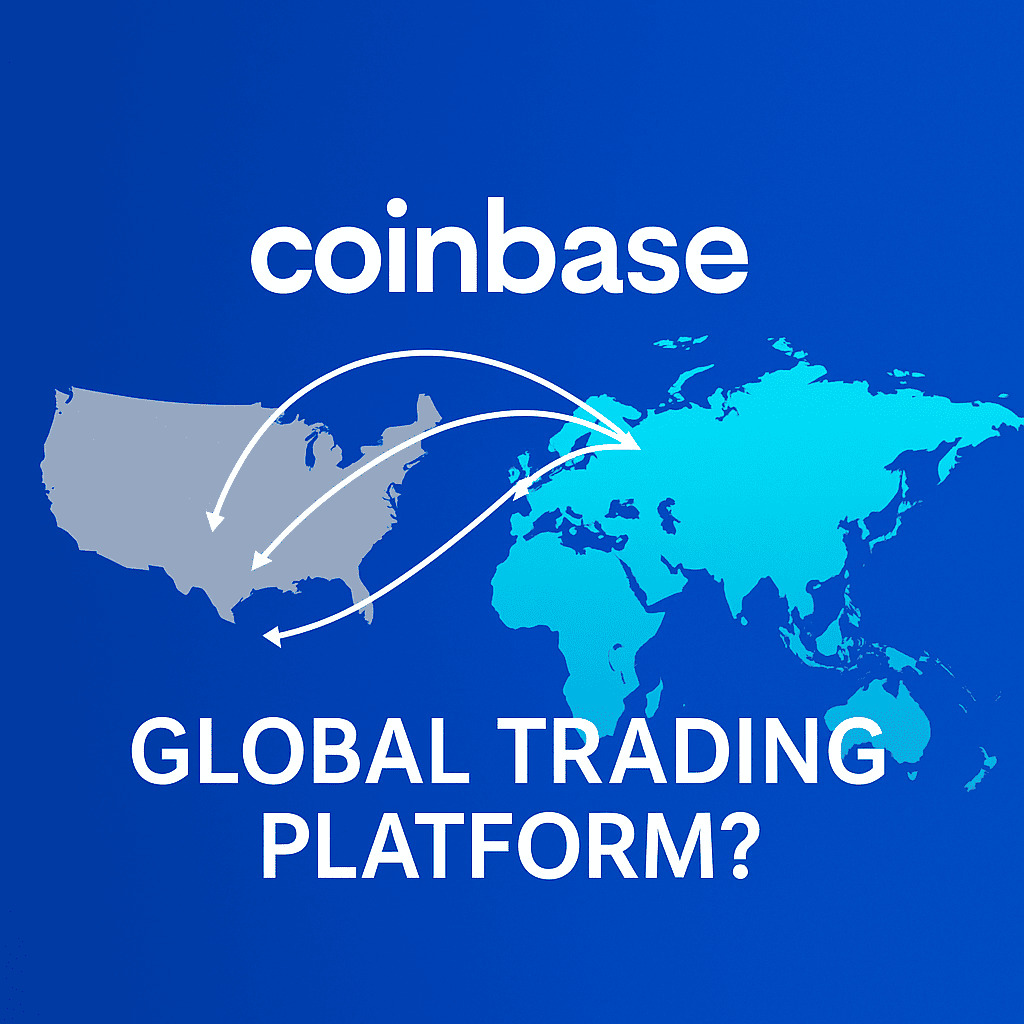 Coinbase plánuje zriadiť platformu na obchodovanie s kryptomenami mimo USA Coinbase plánuje presunúť časť svojho obchodovania s kryptomenami mimo USA, znázornené ako expanzia na medzinárodné trhy s mapovým pozadím.