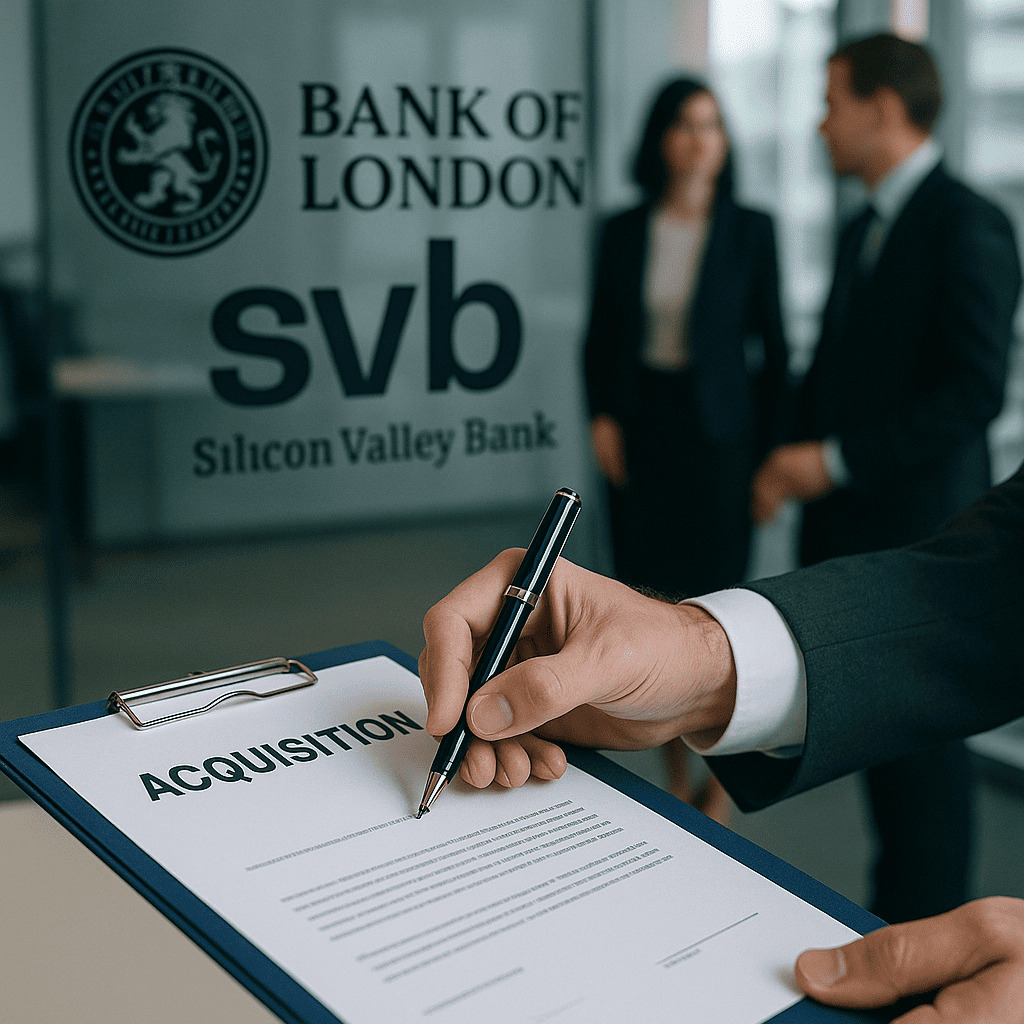 bank of lonfon Symbolické prevzatie britskej pobočky Silicon Valley Bank konzorciom vedeným Bank of London, znázornené podpisovaním akvizičnej zmluvy.