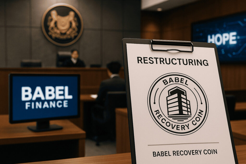 Súdne pojednávanie v Singapure o reštrukturalizácii Babel Finance, so zobrazeným logom spoločnosti a návrhom tokenu Babel Recovery Coin.