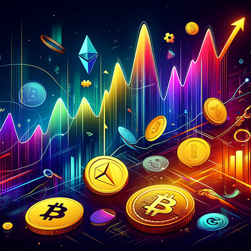 Ceny a volatilita trhu s kryptomenami Abstraktná ilustrácia volatility trhu s kryptomenami s grafom cien a symbolmi ako Bitcoin a Ethereum.