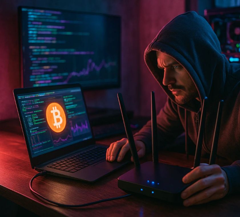 Hacker ťaží nelegálne kryptomeny. Zdroj: sora.chatgpt.com Hacker ťaží nelegálne kryptomeny