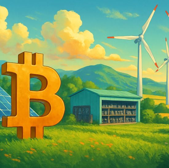 Ťažba kryptomien z obnoviteľnej energie. Zdroj: sora.chatgpt.com Ťažba kryptomien z obnoviteľnej energie