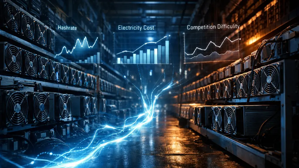 Profesionálna ťažba kryptomien v roku 2026 znázornená ako konkurenčný biznis závislý od elektriny, hardvéru a sieťovej náročnosti