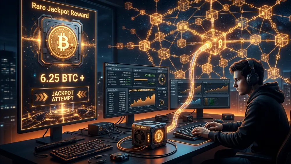 Malý Bitcoin lottery miner s vizualizáciou veľkej odmeny za vyťažený blok
